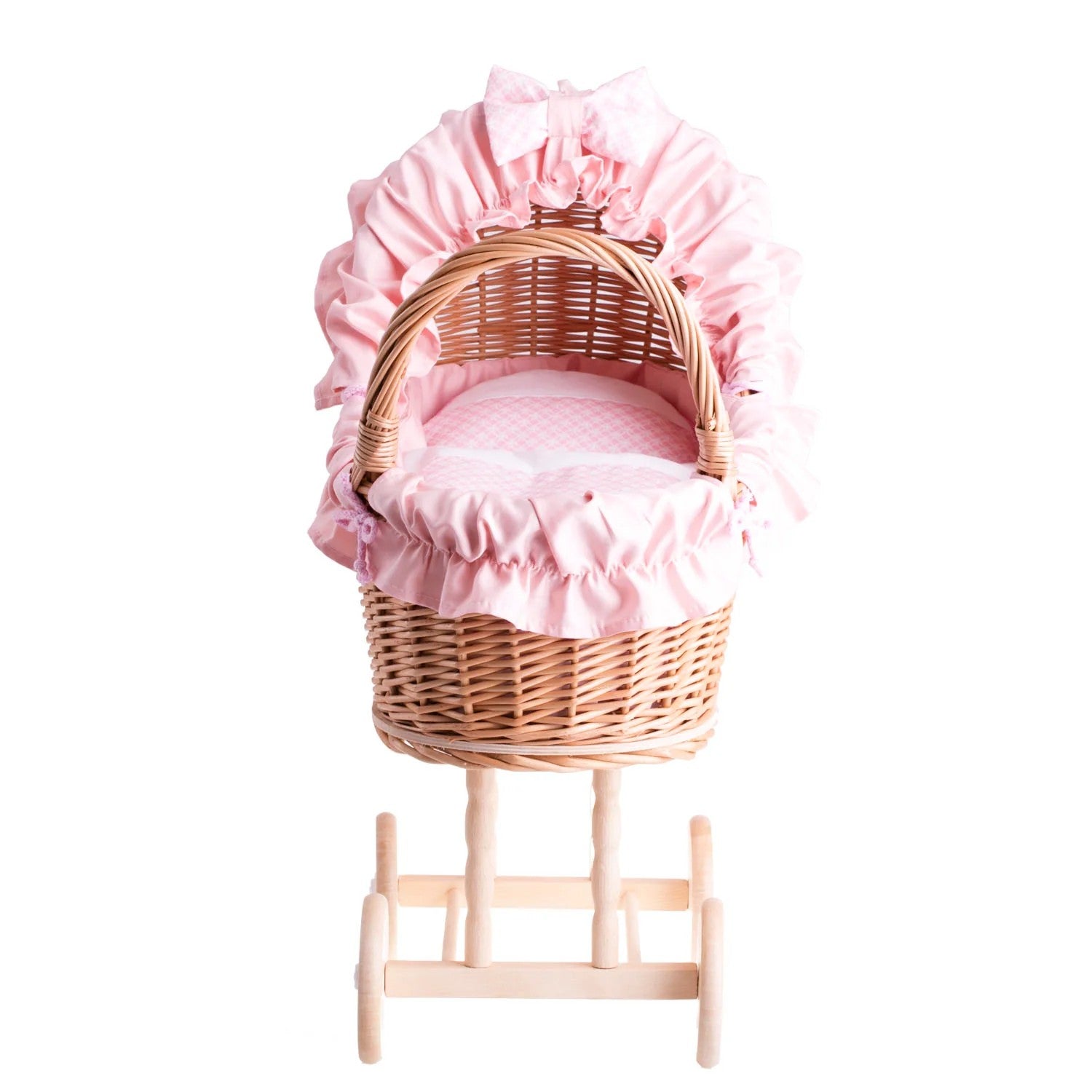 Lulu wicker doll troller with pink trim, blanket, and pillow