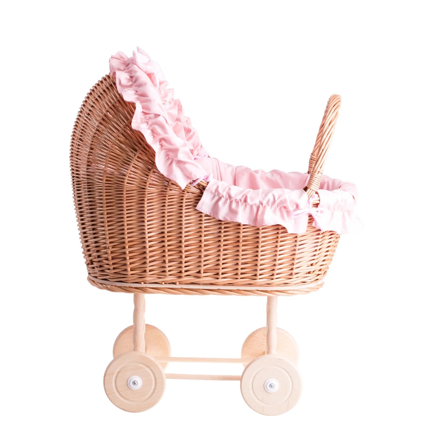 Lulu wicker doll troller with pink trim, blanket, and pillow