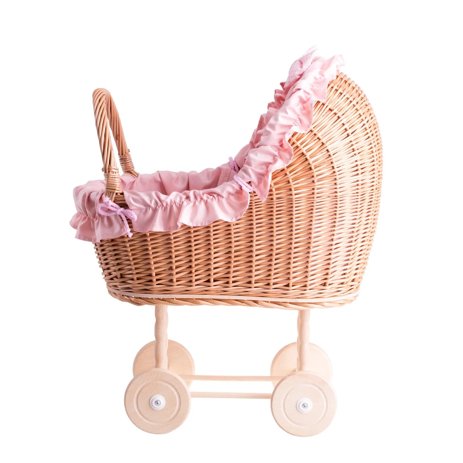 Lulu wicker doll troller with pink trim, blanket, and pillow