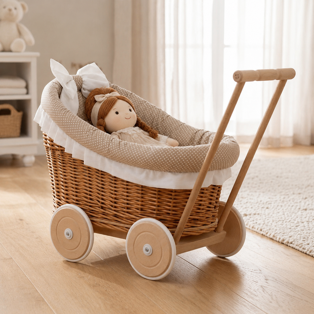 Luna Puppenwagen mit beiger Bettwäsche – Premiumansicht