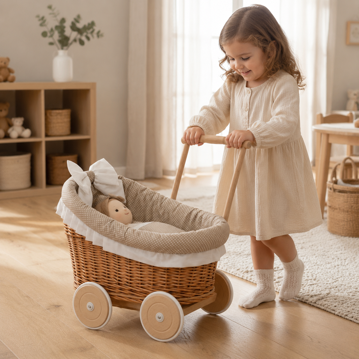 Kind schiebt den beigen Luna Puppenwagen