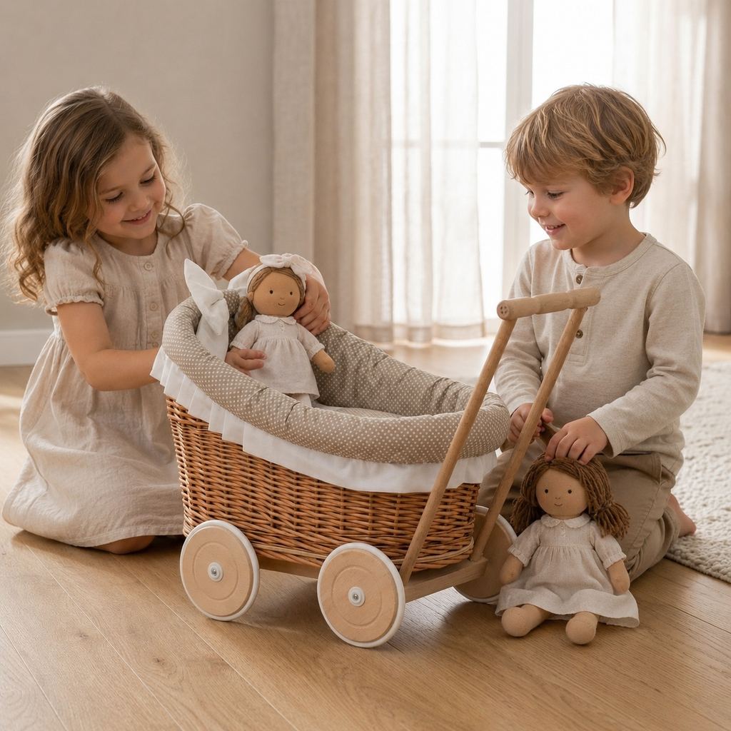 Kinder spielen mit dem Luna Weiden-Puppenwagen