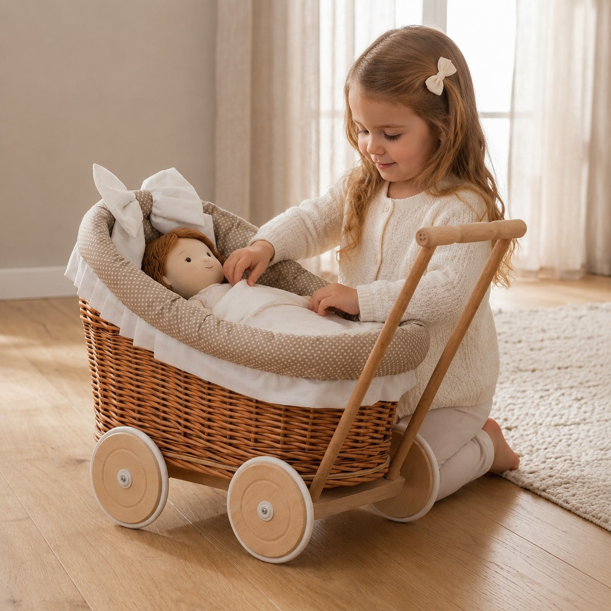 Kind bettet eine Stoffpuppe im Luna Puppenwagen