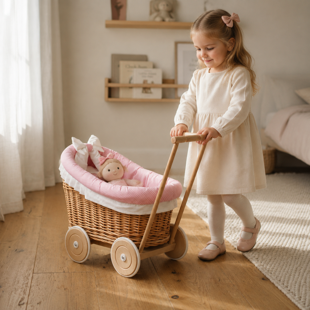 Kind schiebt den rosa Luna Puppenwagen im Kinderzimmer