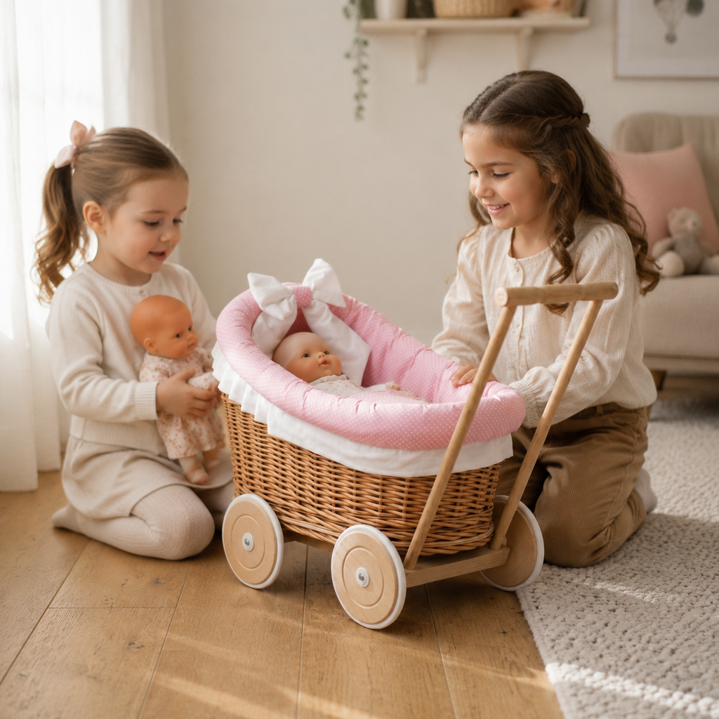 Kinder spielen mit dem rosa Luna Weiden-Puppenwagen