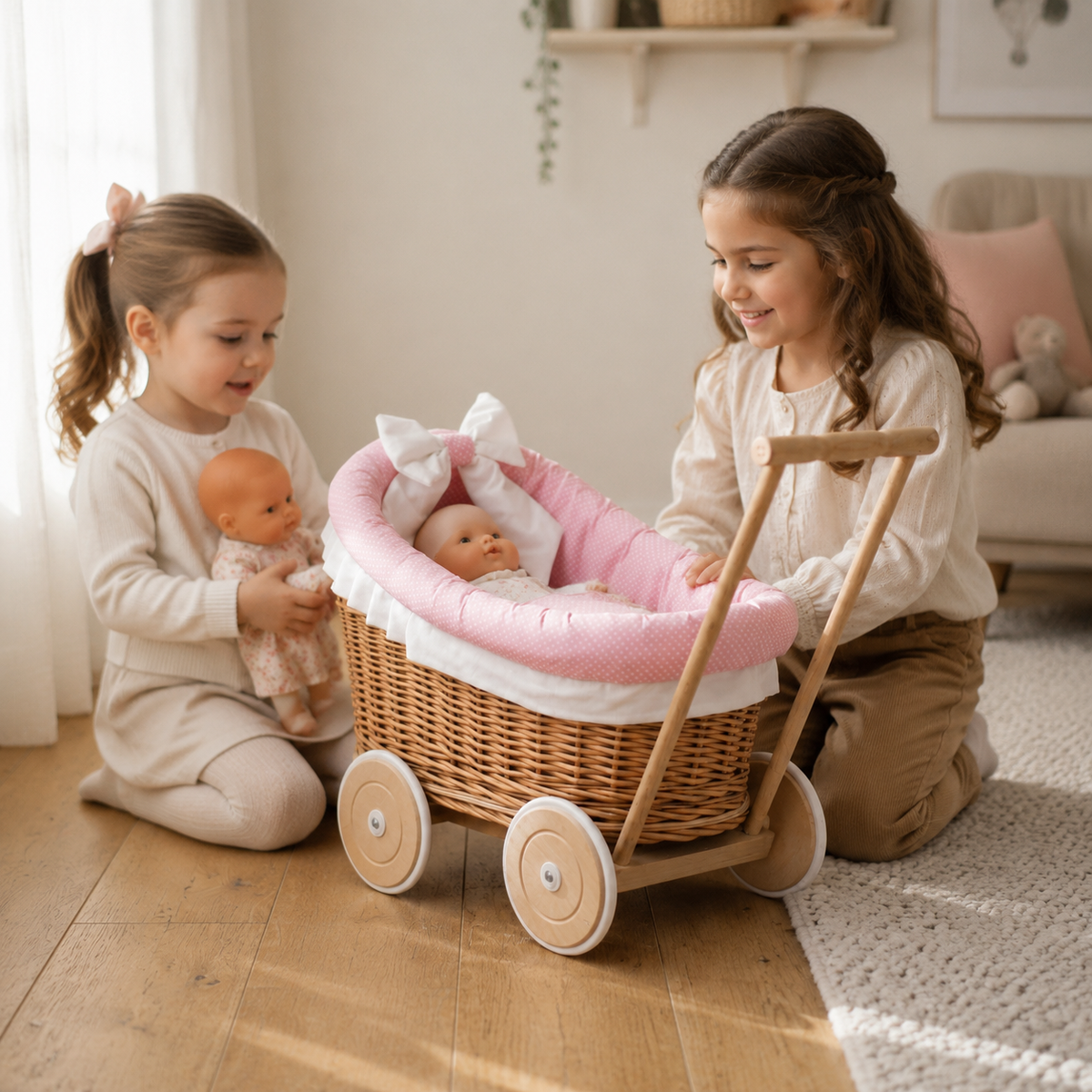 Kinder spielen mit dem rosa Luna Weiden-Puppenwagen