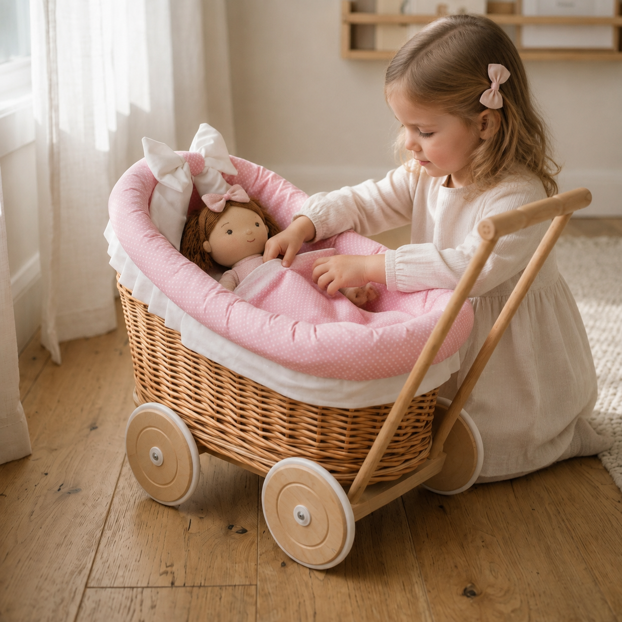 Kind bettet eine Stoffpuppe in den Luna Puppenwagen