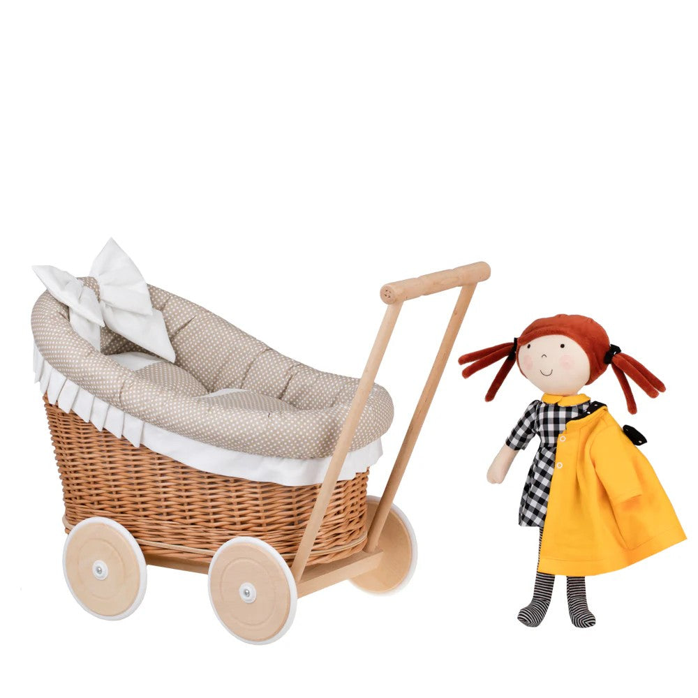 Luna wicker doll stroller 1330-01 with beige trim, blanket, and pillow - Beige