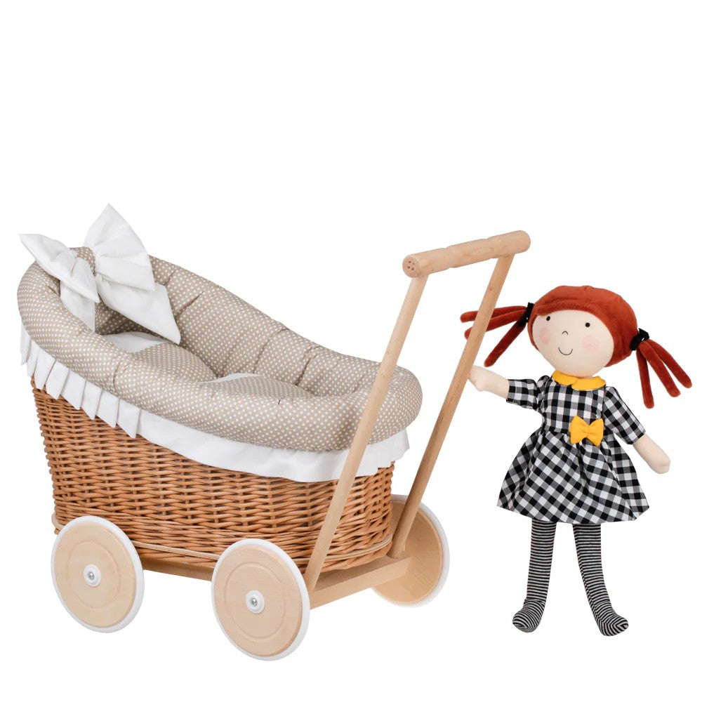 Luna wicker doll stroller 1330-01 with beige trim, blanket, and pillow - Beige