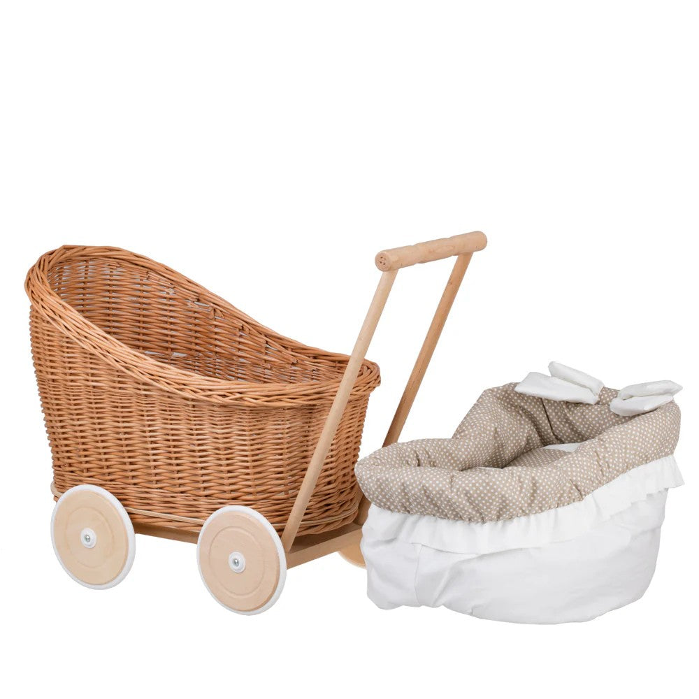 Luna wicker doll stroller 1330-01 with beige trim, blanket, and pillow - Beige