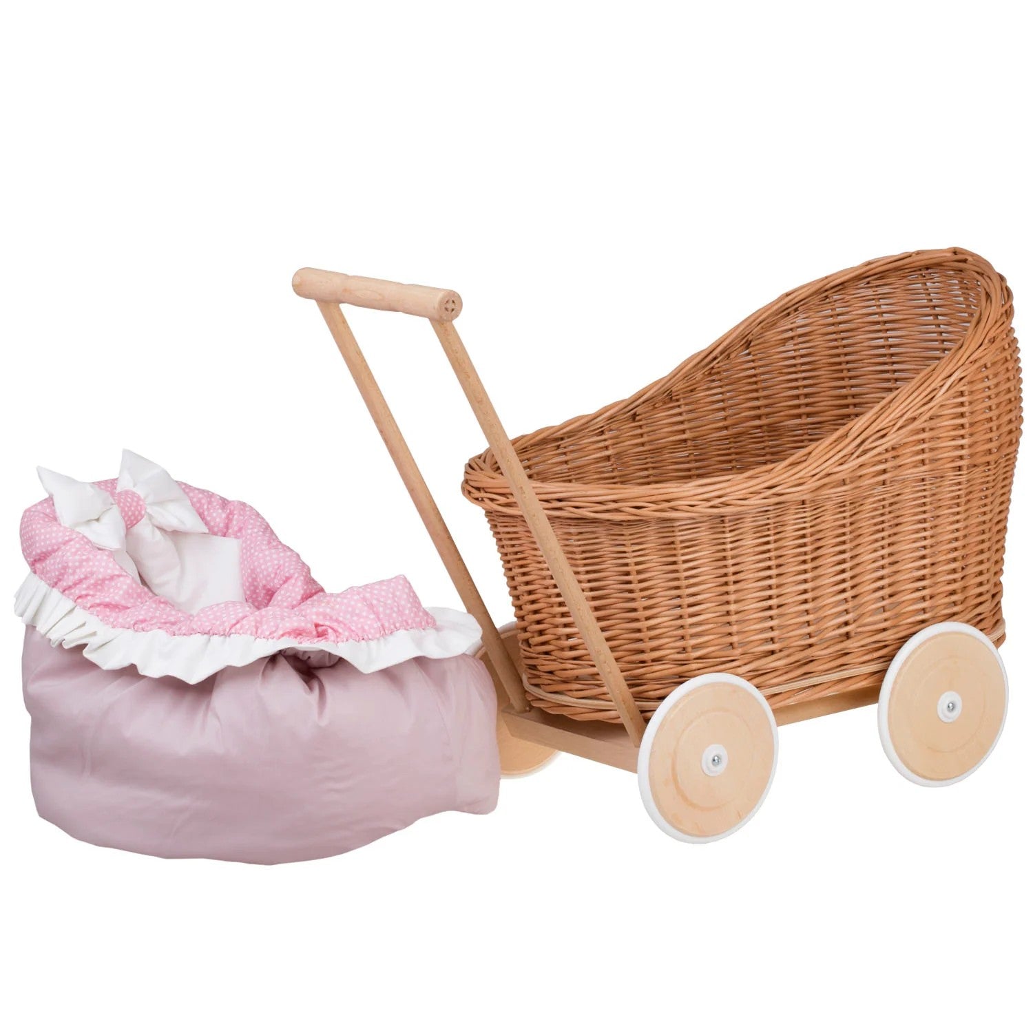 Luna wicker doll stroller 1330 with pink trim, blanket, and pillow