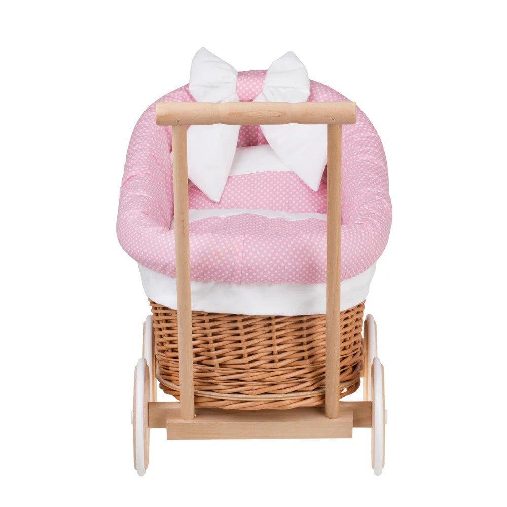 Luna wicker doll stroller 1330 with pink trim, blanket, and pillow