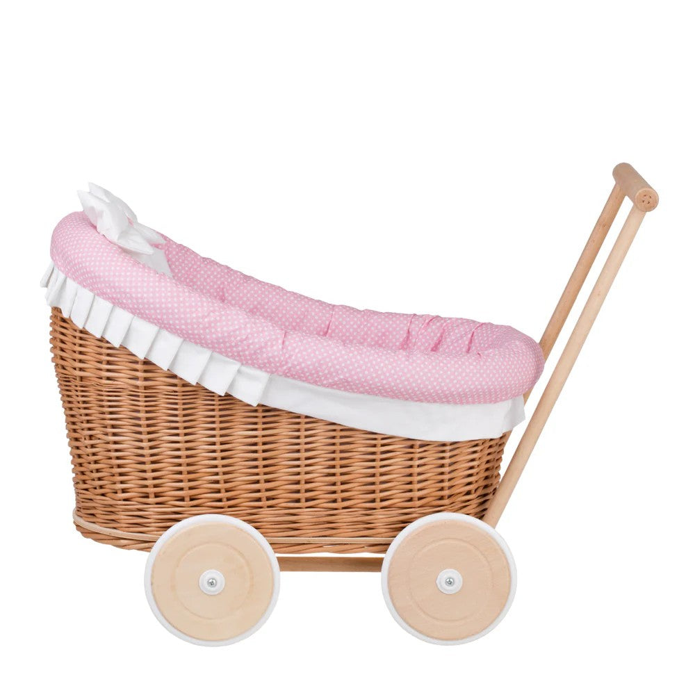 Luna wicker doll stroller 1330 with pink trim, blanket, and pillow