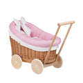 Luna wicker doll stroller 1330 with pink trim, blanket, and pillow
