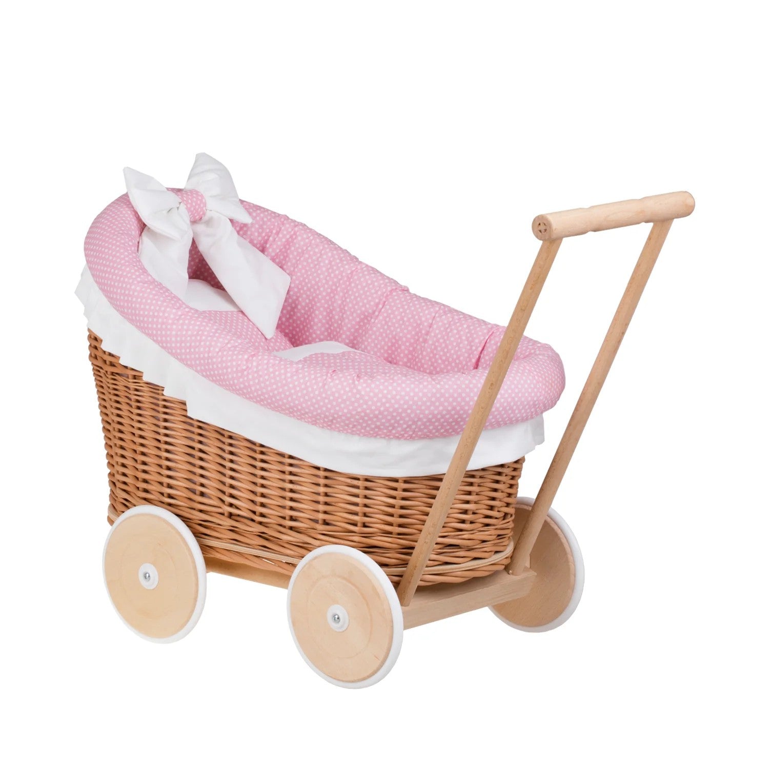 Luna wicker doll stroller 1330 with pink trim, blanket, and pillow
