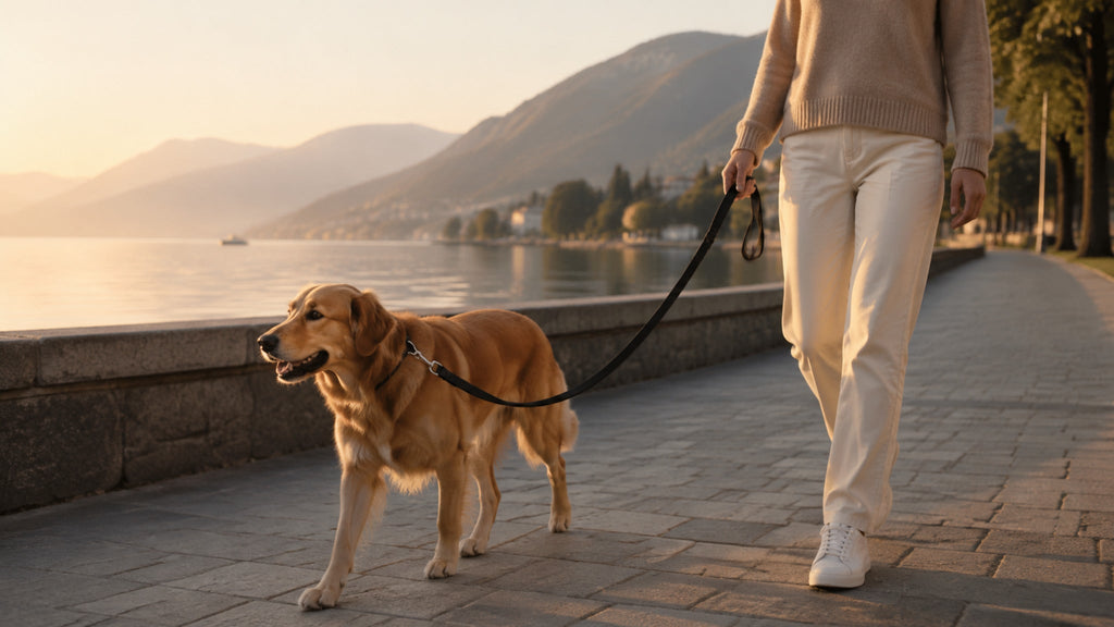 Schwarze Lussa Lederleine beim Hundespaziergang am See