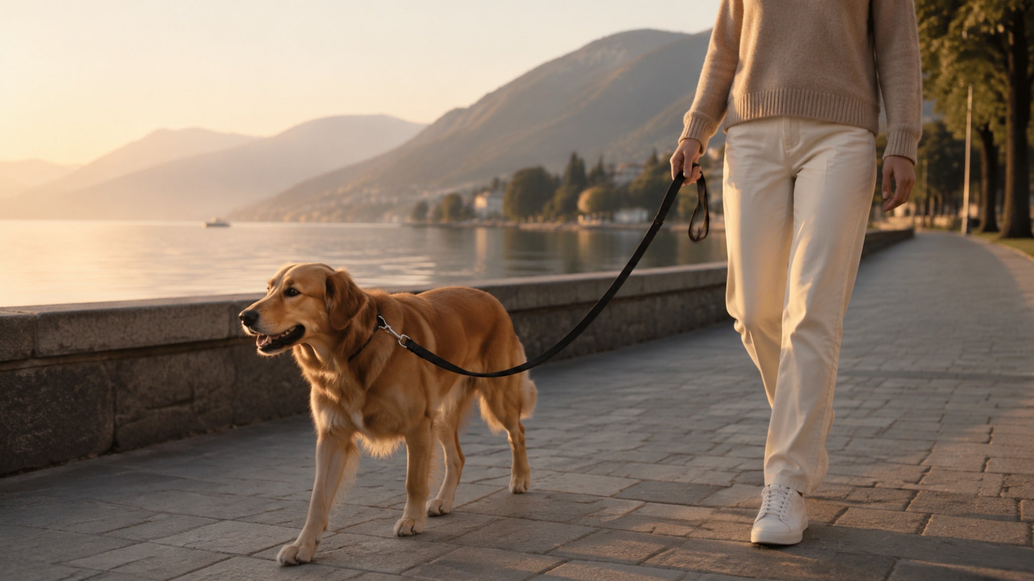 Schwarze Lussa Lederleine beim Hundespaziergang am See