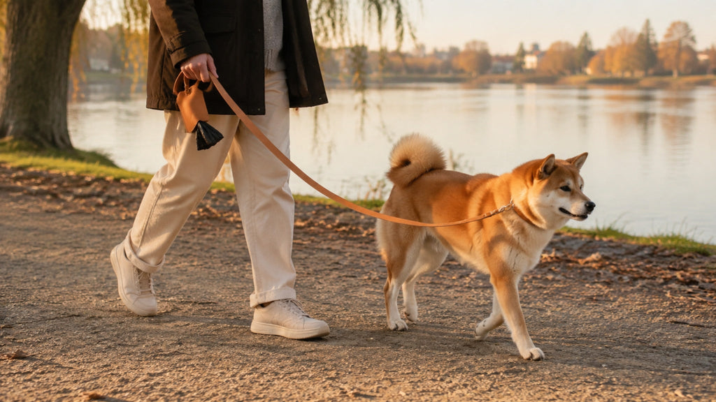 Camelfarbenes Lussa und Saku Set beim Hundespaziergang am See