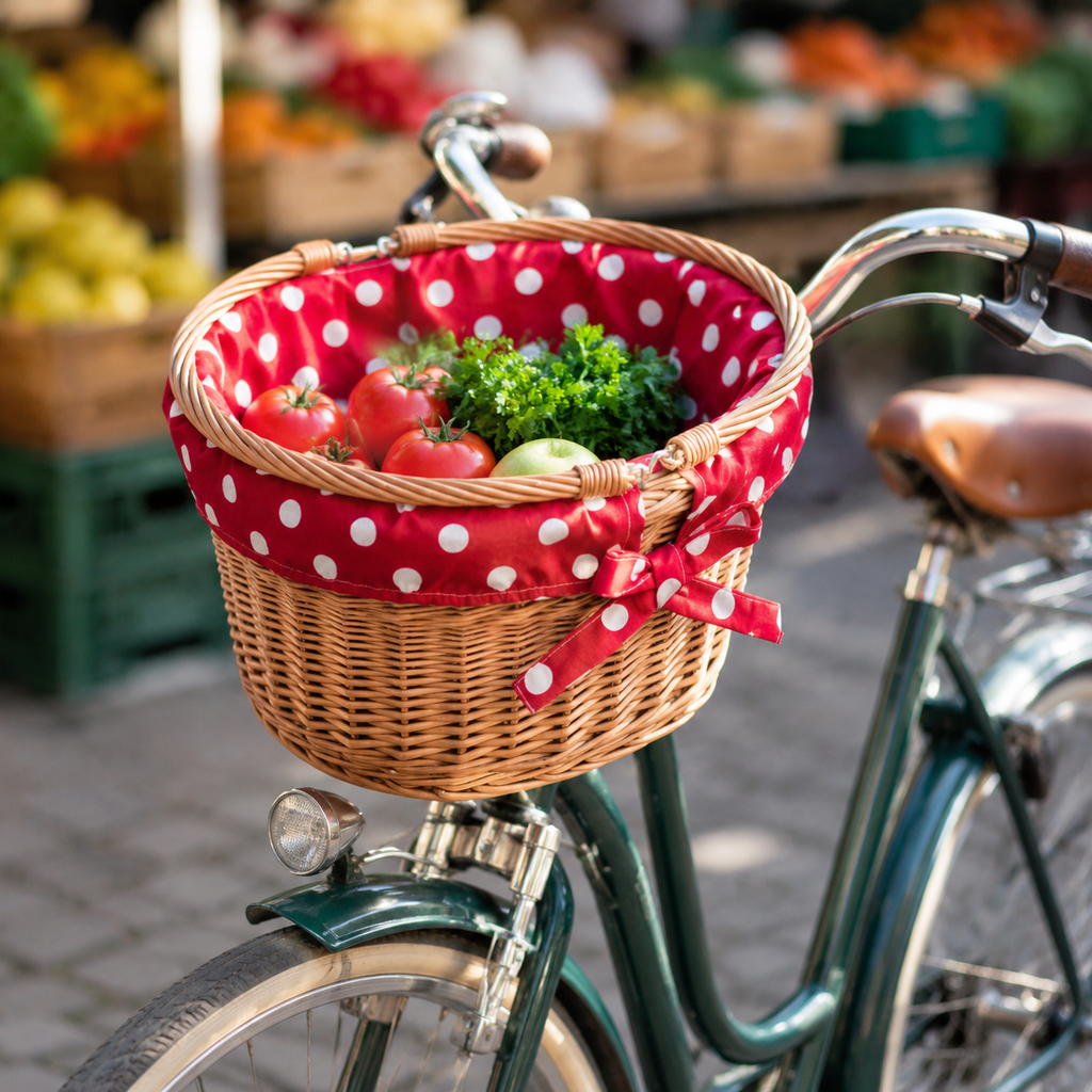 Magnus Weiden-Fahrradkorb mit Punkten am Markt
