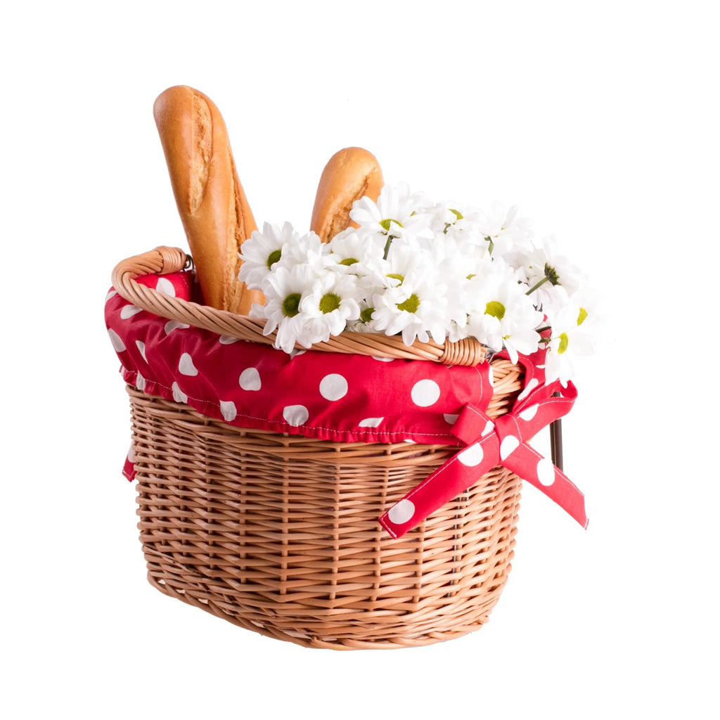 Magnus Wicker Bicycle Basket With Polka Dot Trim, Handle And Hooks