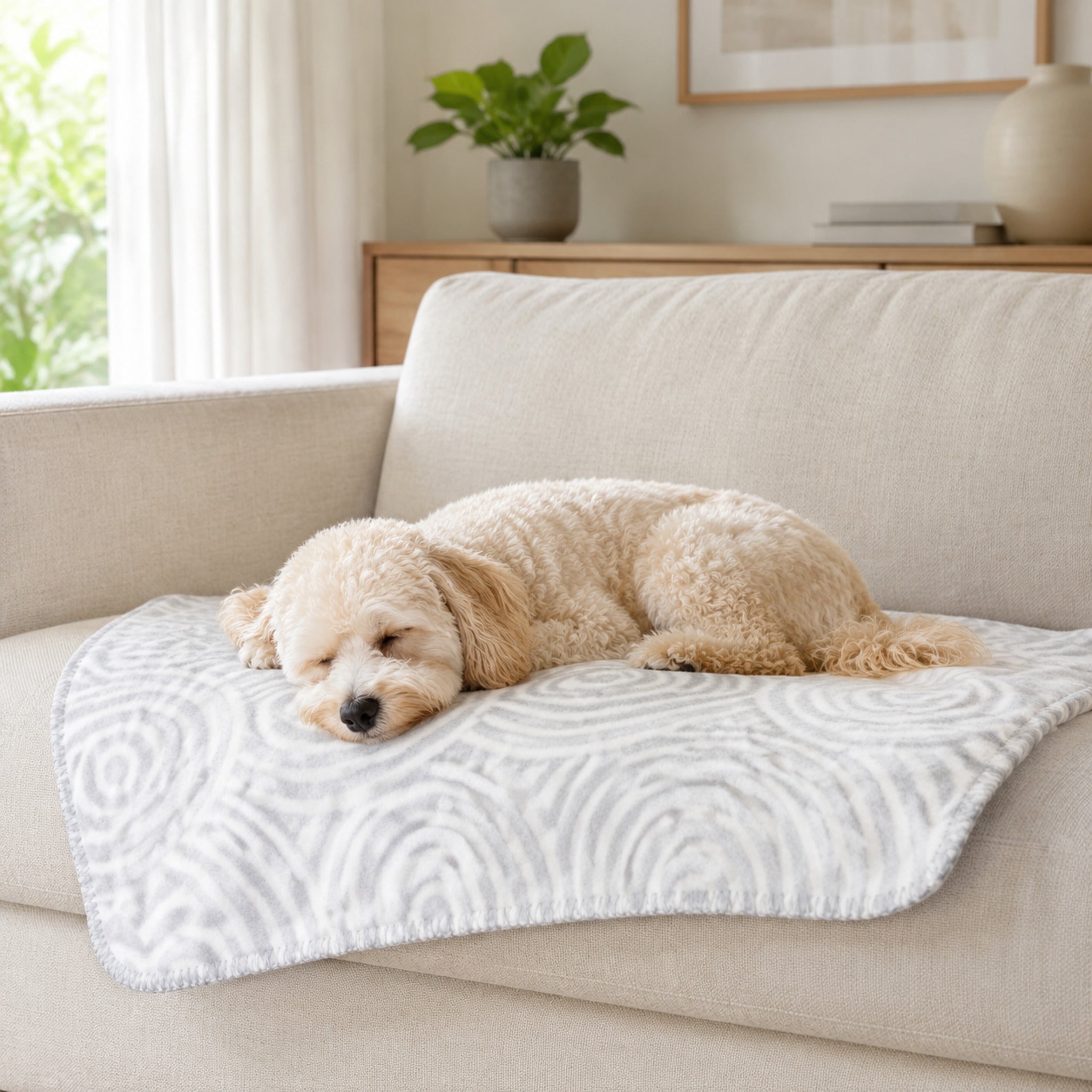 Manno Haustierdecke auf Sofa mit kleinem Hund – stilvolles Wohnzimmer