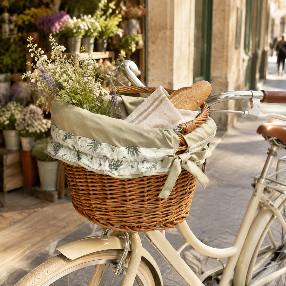 Maxian Weiden-Fahrradkorb am Citybike auf dem Blumenmarkt