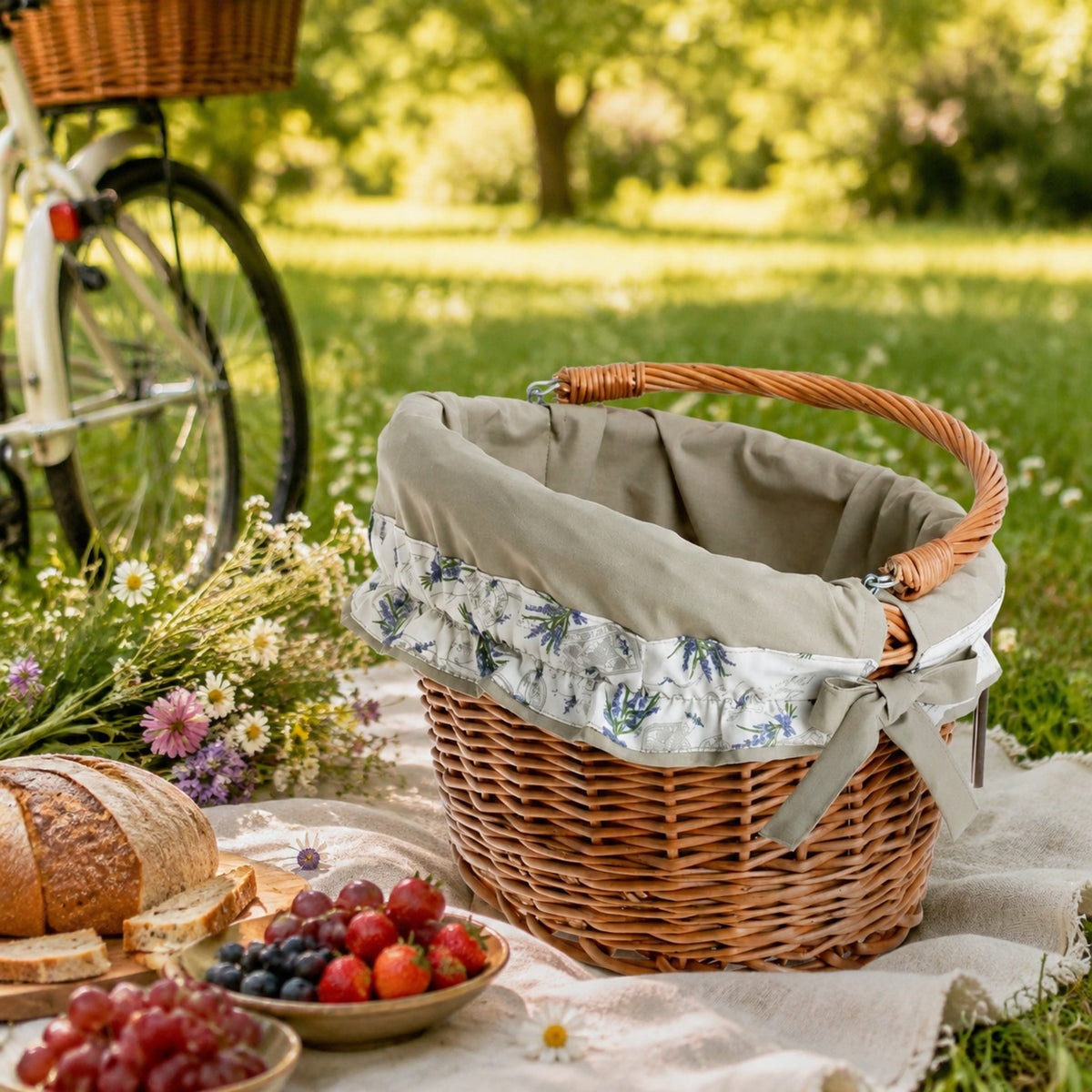 Maxian Fahrradkorb beim Picknick im grünen Park