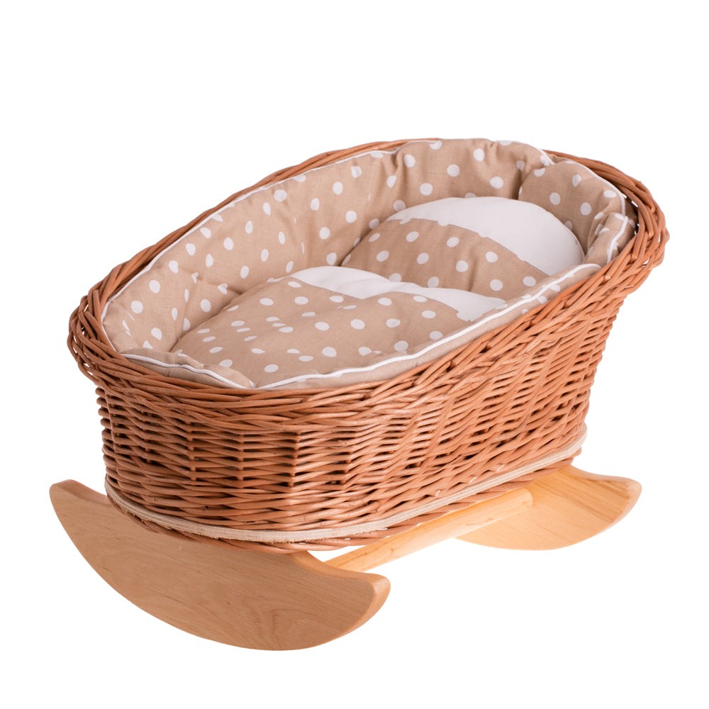 Mimi Wicker Cradle For Dolls With Beige Lining, Pillow And Quilt