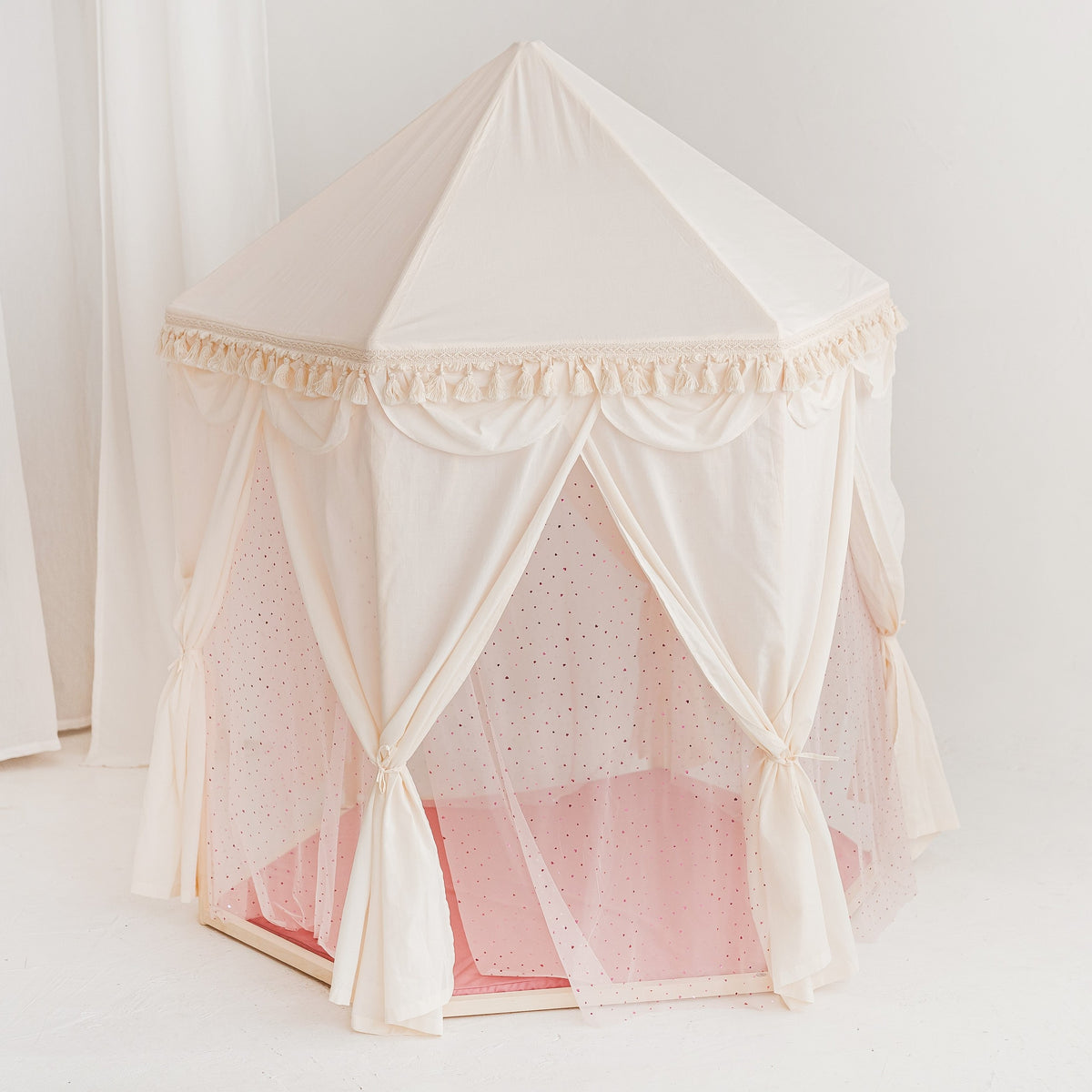 Boho Indoor Pavilion Playhouse Tent with Tulle and Tassels