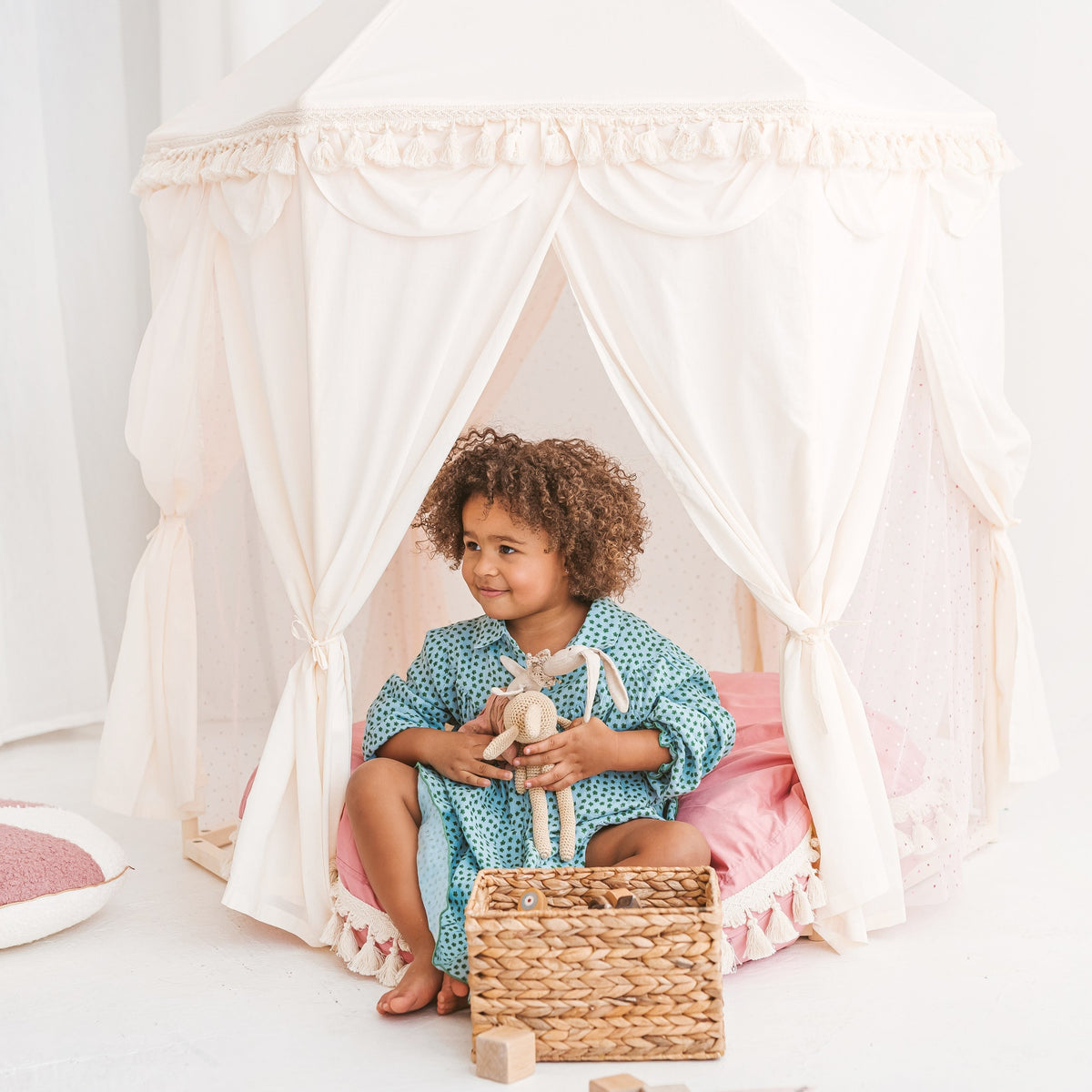 Boho Indoor Pavilion Playhouse Tent with Tulle and Tassels