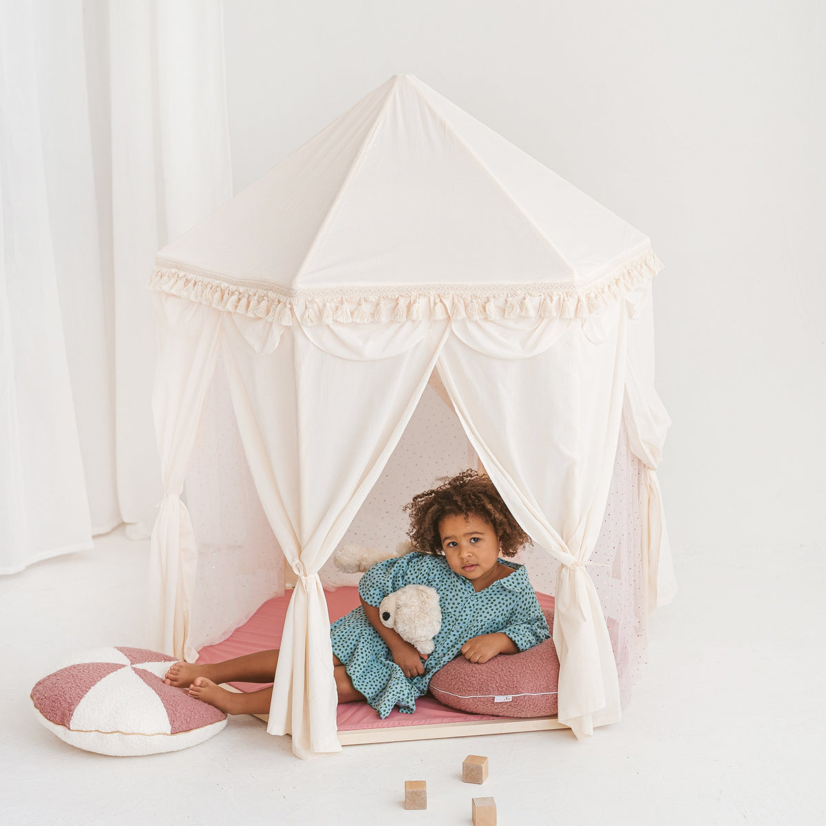 Boho Indoor Pavilion Playhouse Tent with Tulle and Tassels