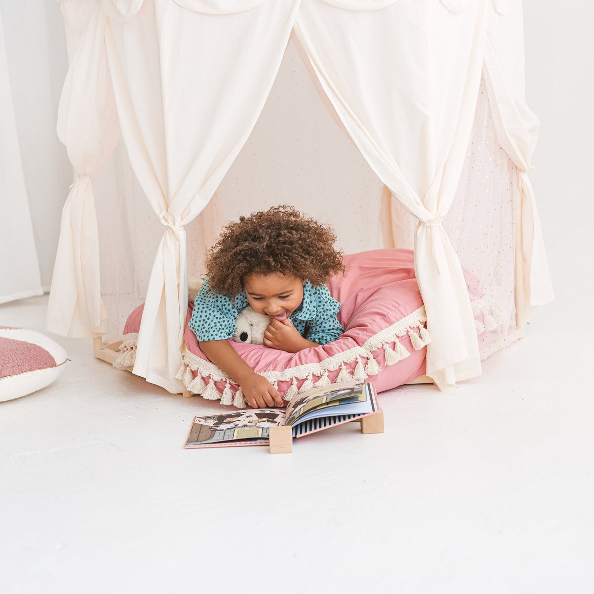 Boho Indoor Pavilion Playhouse Tent with Tulle and Tassels