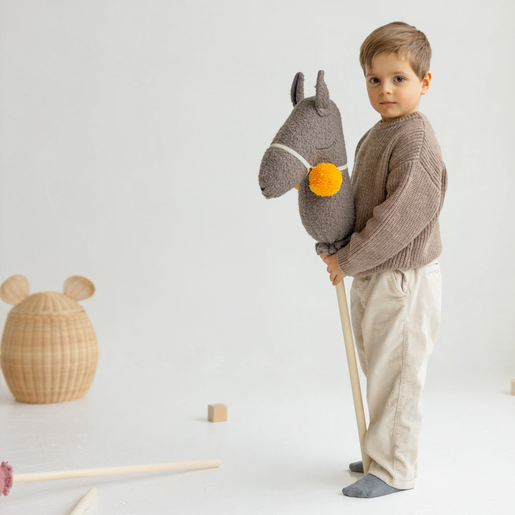 Bouclé Llama & Alpaca Hobby Horse Stick Toy – Grey