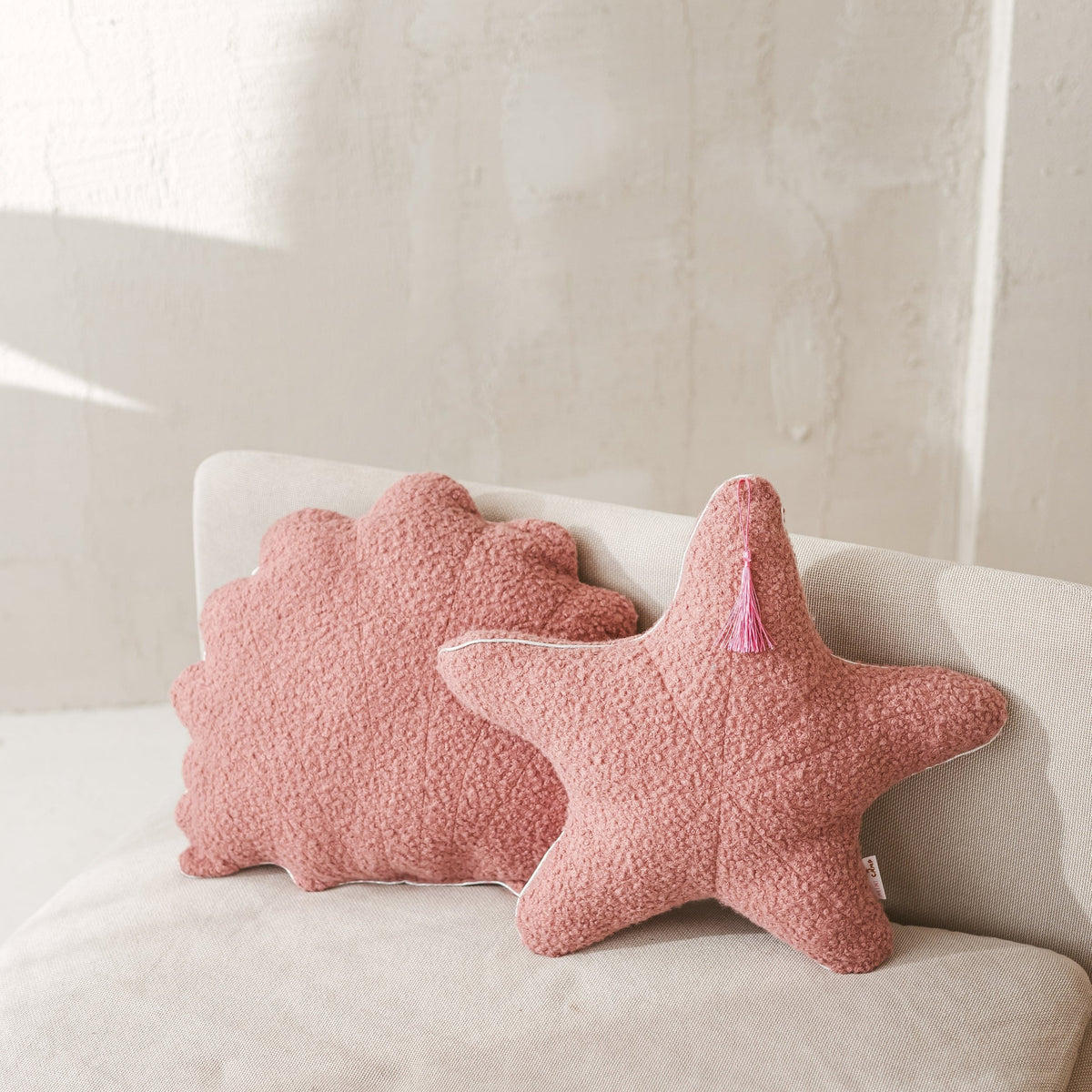 Bouclé Seashell and Starfish Cushions – Rose, Set of 2