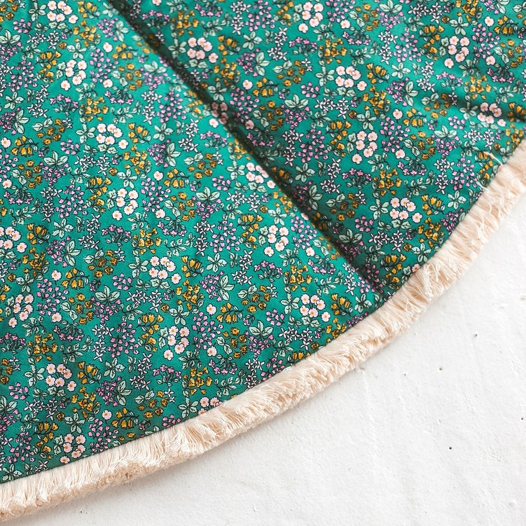 Kids Floor Mat with Cotton Fringe – Floral Green, 115 cm