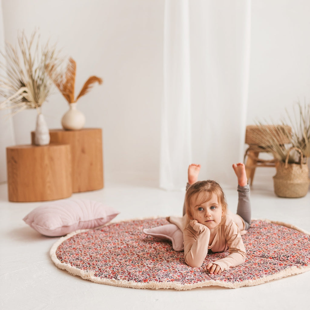 Kids Floor Mat with Cotton Fringe – Floral Rose, 115 cm