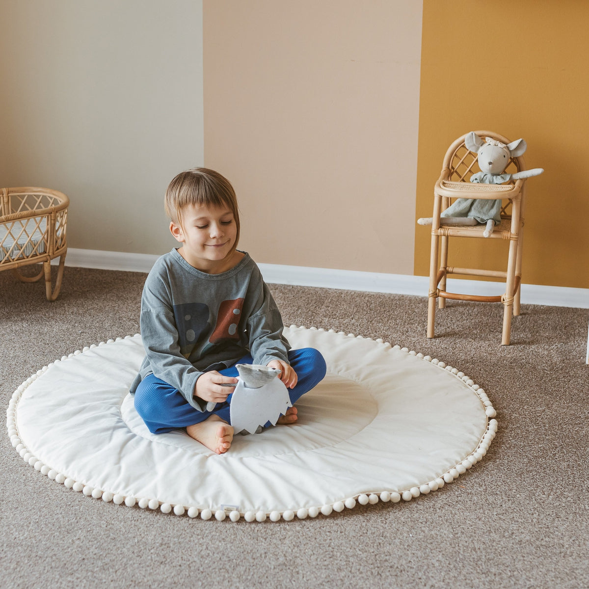 Kids Play Mat with Pompom Border – Ecru, 115 cm