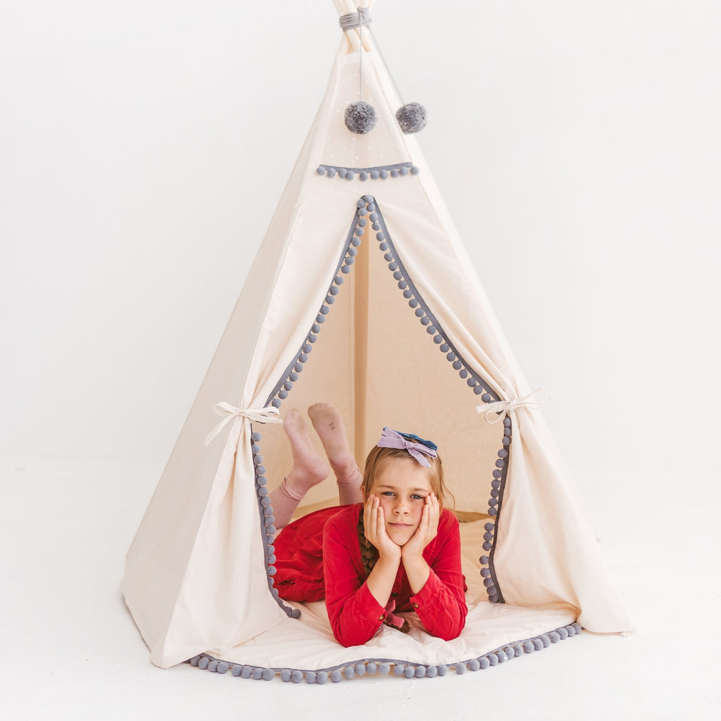 Kids Teepee with Grey Pompoms – Ecru