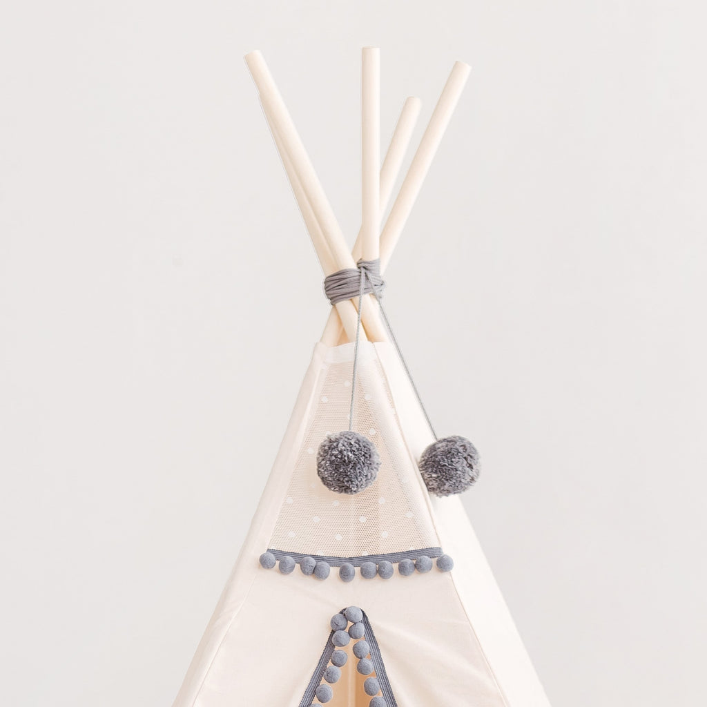 Kids Teepee with Grey Pompoms – Ecru