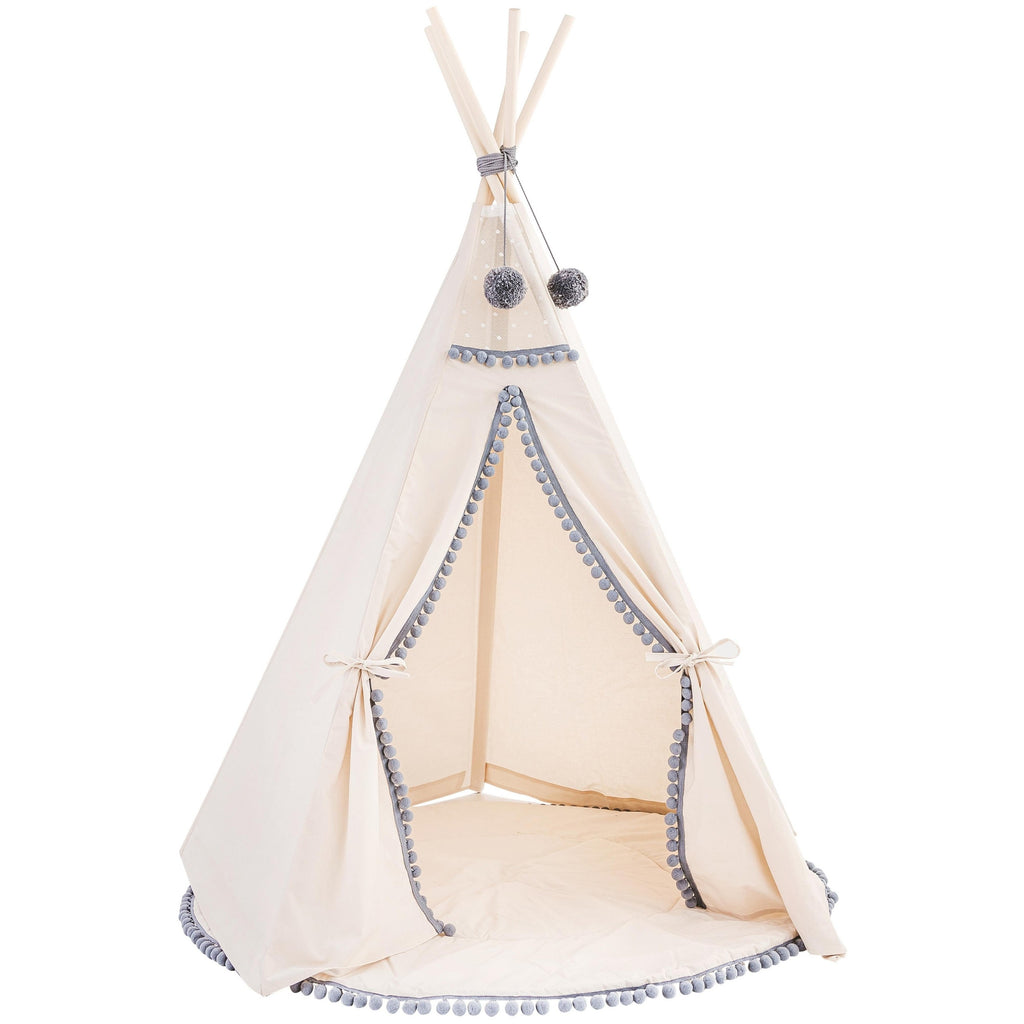 Kids Teepee with Grey Pompoms – Ecru