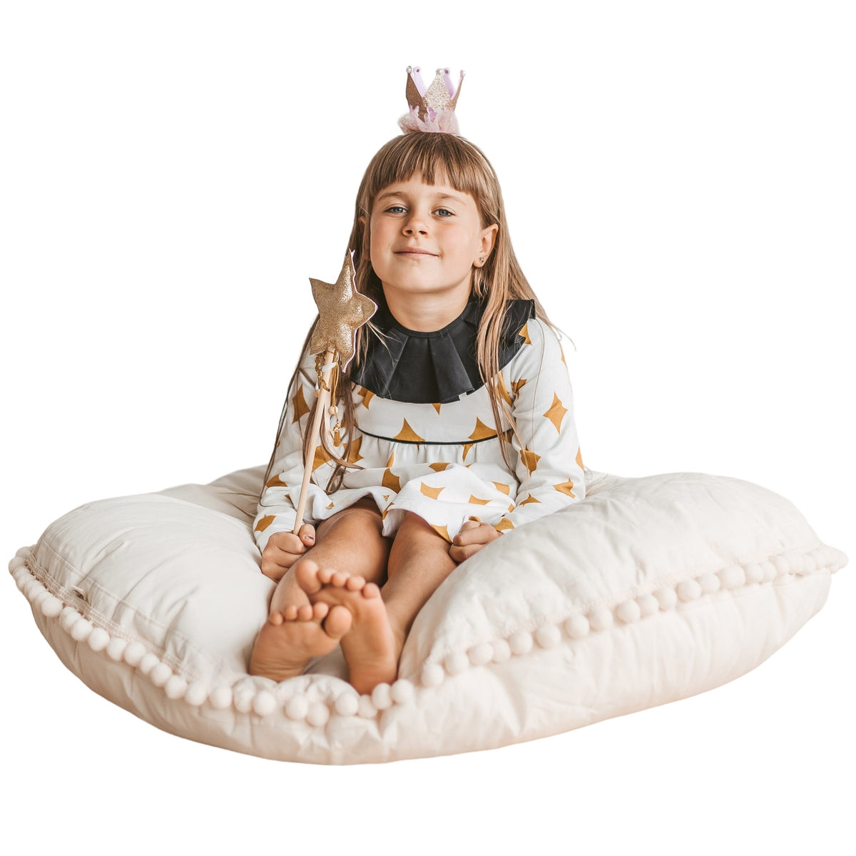 Large Floor Cushion with Pompoms – Ecru, 100 cm