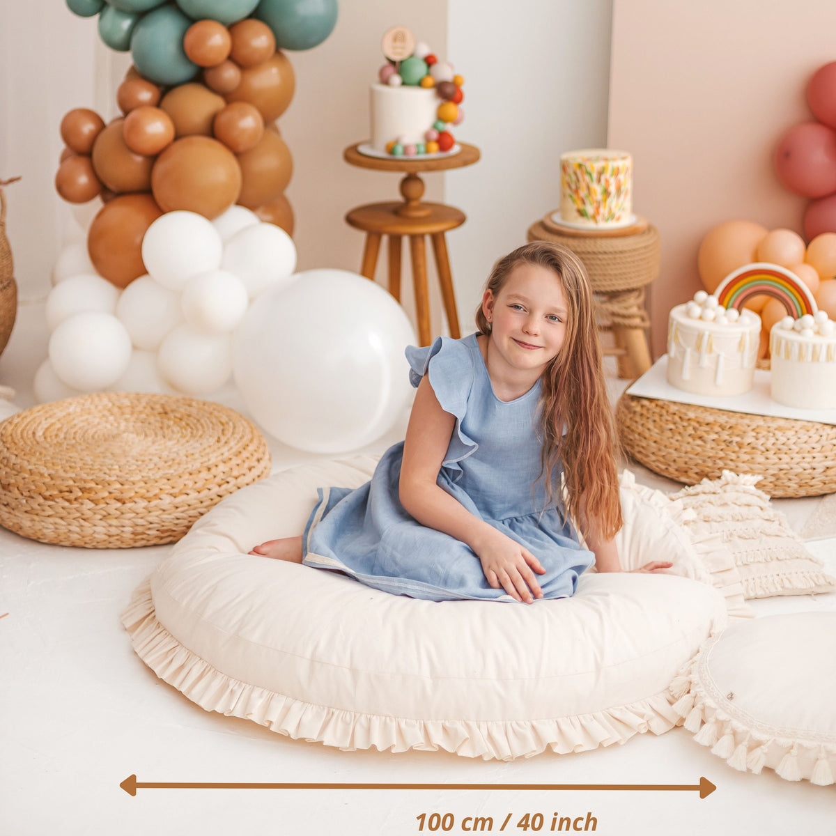 Large Floor Cushion with Ruffled Edges – Ecru, 100 cm