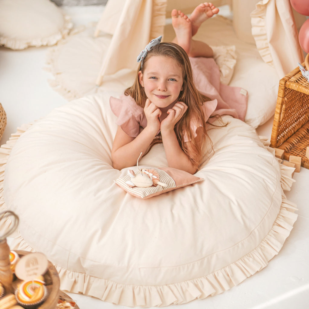 Large Floor Cushion with Ruffled Edges – Ecru, 100 cm
