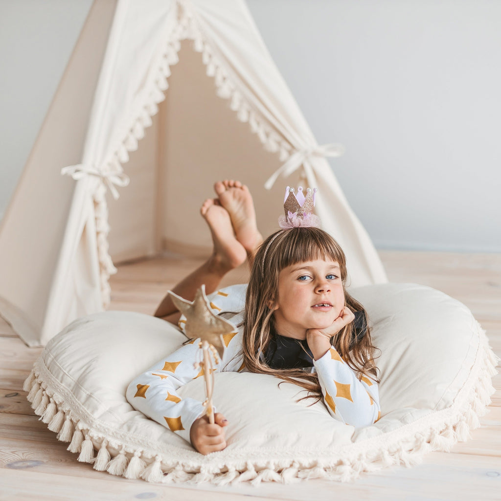 Large Floor Cushion with Tassels – Ecru, 100 cm