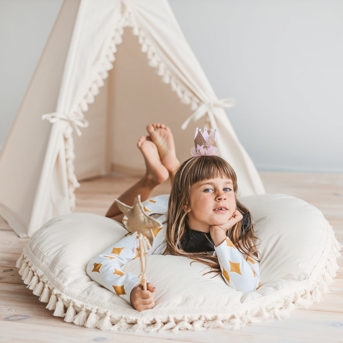 Large Floor Cushion with Tassels – Ecru, 100 cm