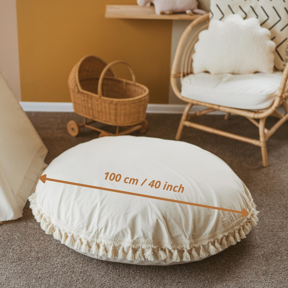 Large Floor Cushion with Tassels – Ecru, 100 cm