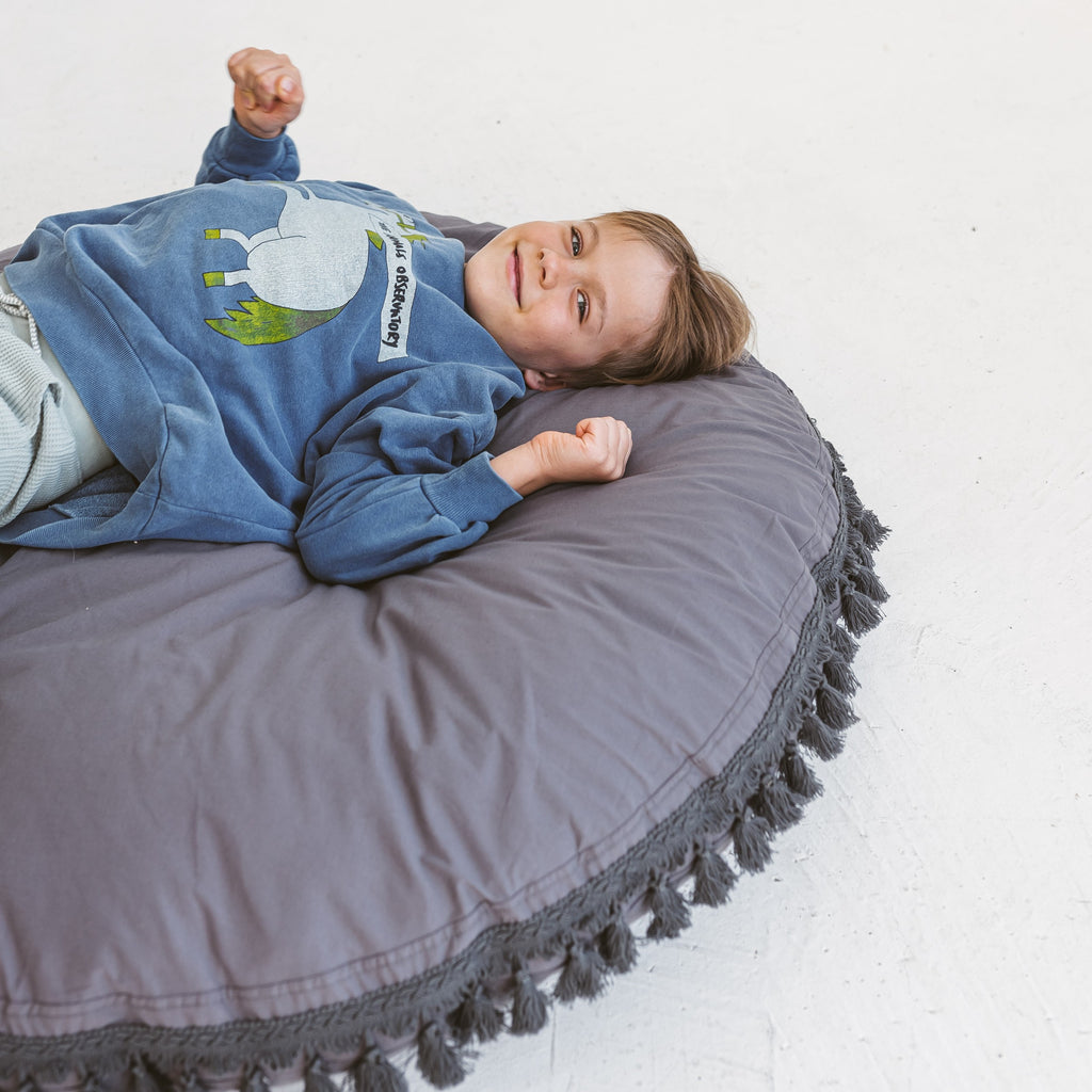 Large Floor Cushion with Tassels – Grey, 100 cm
