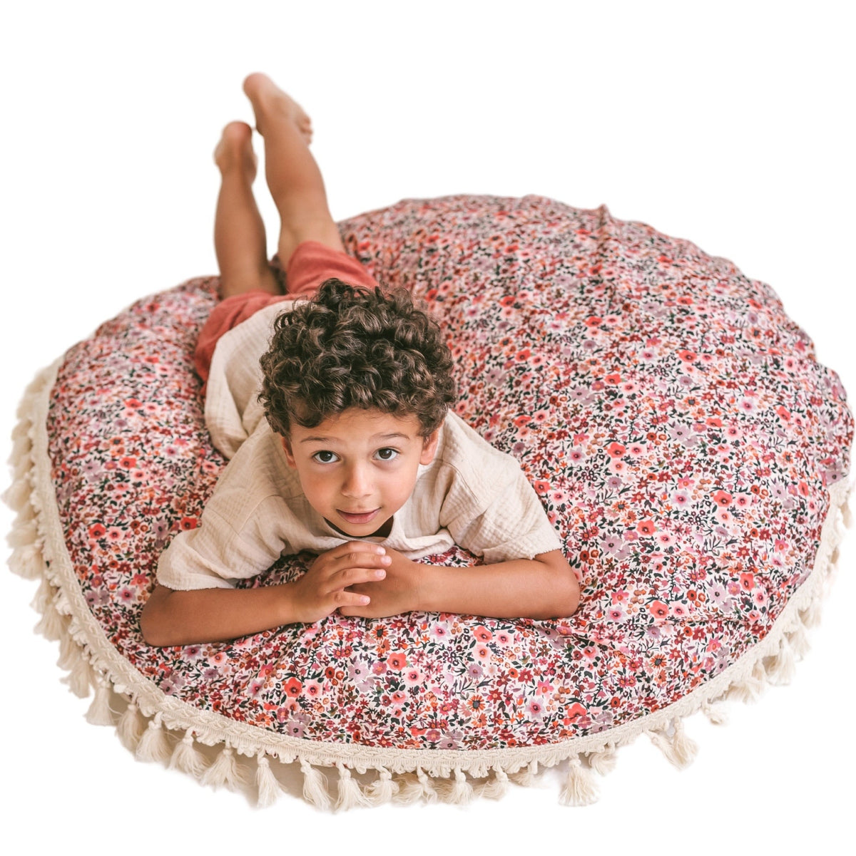 Large Floor Cushion with Tassels – Rose Floral, 100 cm