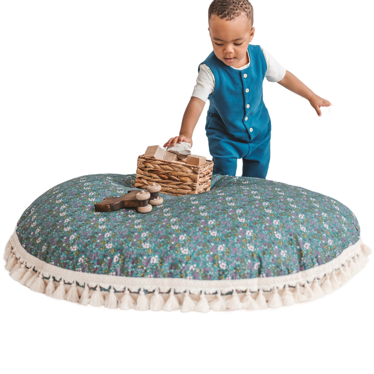 Large Kids Floor Cushion with Tassels – Green Floral, 100 cm