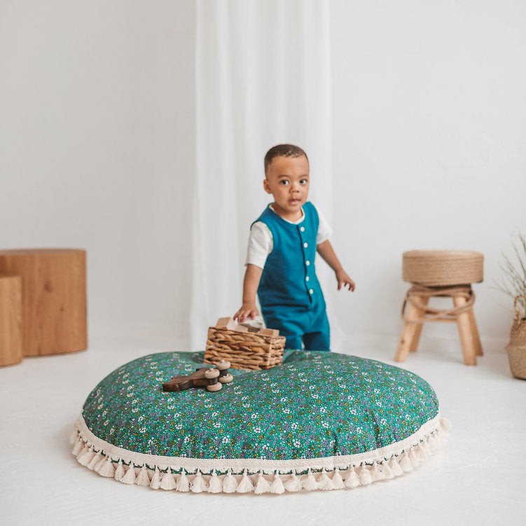 Large Kids Floor Cushion with Tassels – Green Floral, 100 cm